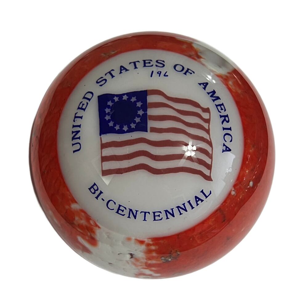 VTG Woods Bi-Centennial US of America Flag Round Glass Paperweight #196